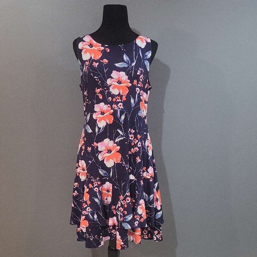 Floral Sleeveless Dress - Navy and Coral